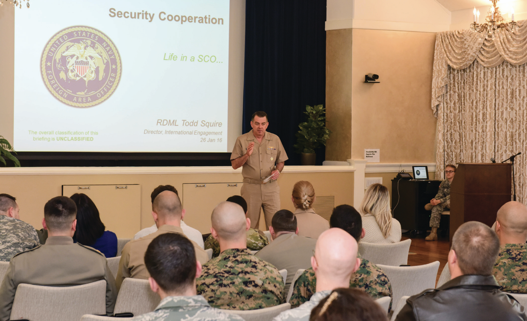Then–Rear Admiral Todd Squire, director for international engagement, Office of the Chief of Naval Operations, speaks about securitycooperation during Joint Foreign Area Officer Course, January 26, 2016 (U.S. Army/Patrick Bray)